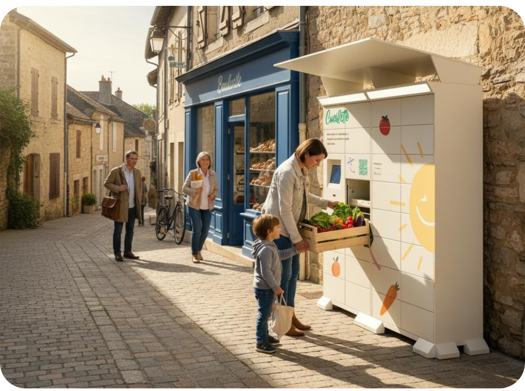 Casier de retrait de légumes montrant une maman récupérant son panier de produits locaux