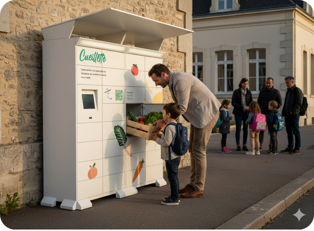 Casier de retrait de légumes montrant une maman récupérant son panier de produits locaux