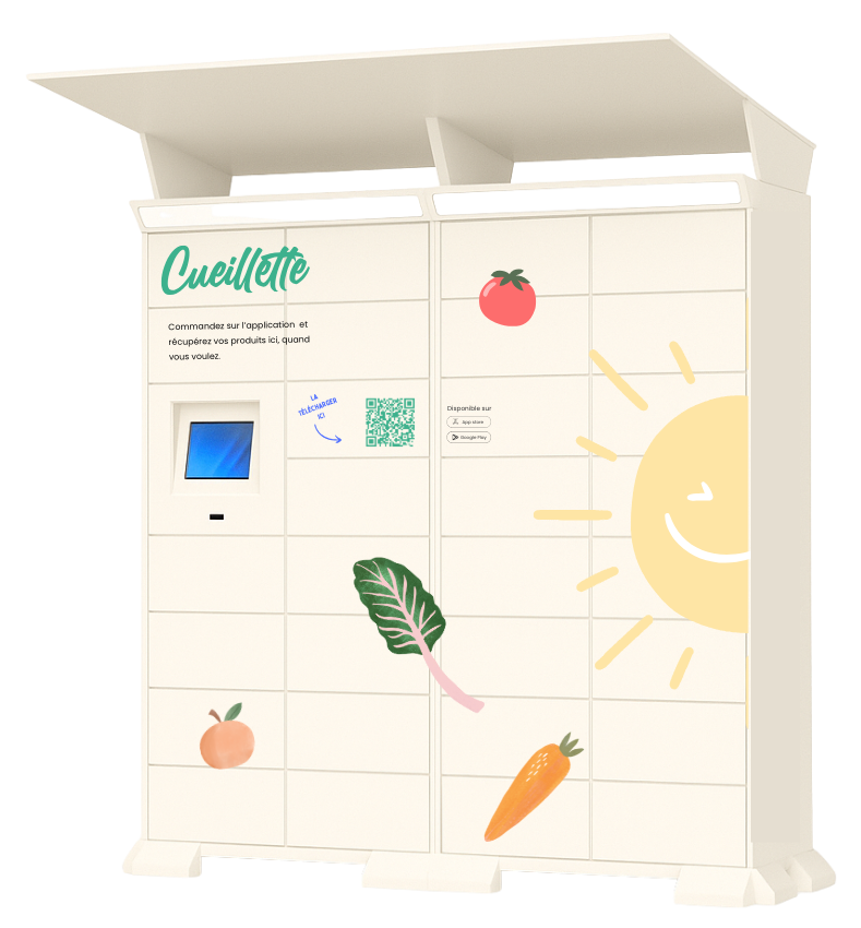 Casier de retrait de légumes montrant une maman récupérant son panier de produits locaux